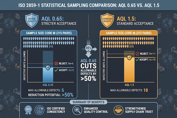 Statistical comparison infographic of ISO 2859-1 AQL 0.65 versus AQL 1.5 acceptance sampling criteria