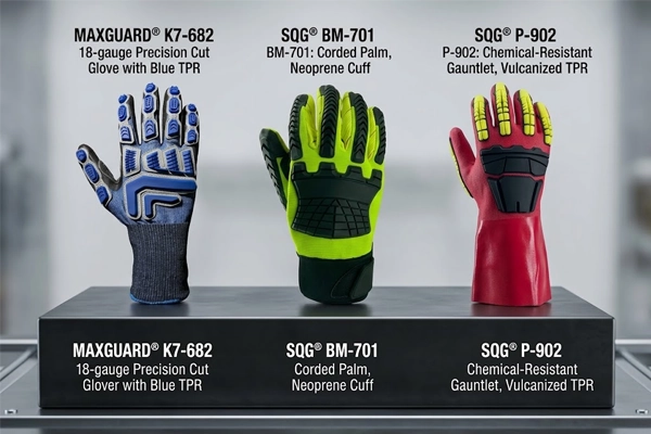 Heavy industrial lineup featuring K7-682, BM-701, and P-902 built with tpr impact gloves engineering