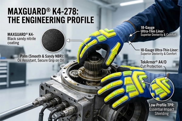 MAXGUARD K4-278 18 gauge tekarmor cut resistant glove with low profile tpr impact protection and dual coated sandy nitrile palm