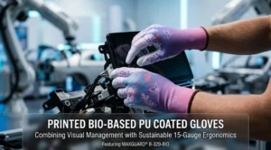 Assembly worker wearing MAXGUARD B-329-BIO printed bio-based PU coated gloves during automotive interior assembly.