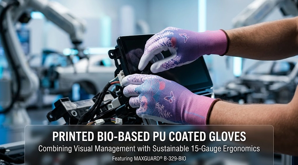 Assembly worker wearing MAXGUARD B-329-BIO printed bio-based PU coated gloves during automotive interior assembly.