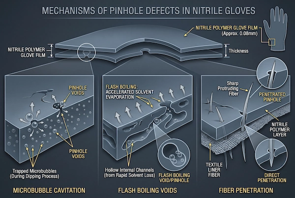 3D microscopic cross-section illustrating pinhole formation mechanisms including entrained microbubbles, flash boiling, and fiber wicking