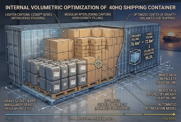 3D loading simulation diagram showing 40HQ container Mixed FCL cube optimization across heavy-duty and precision chemical gloves