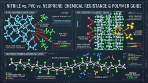 3D molecular diagram illustrating nitrile vs pvc chemical resistance and polarity interactions with industrial solvents