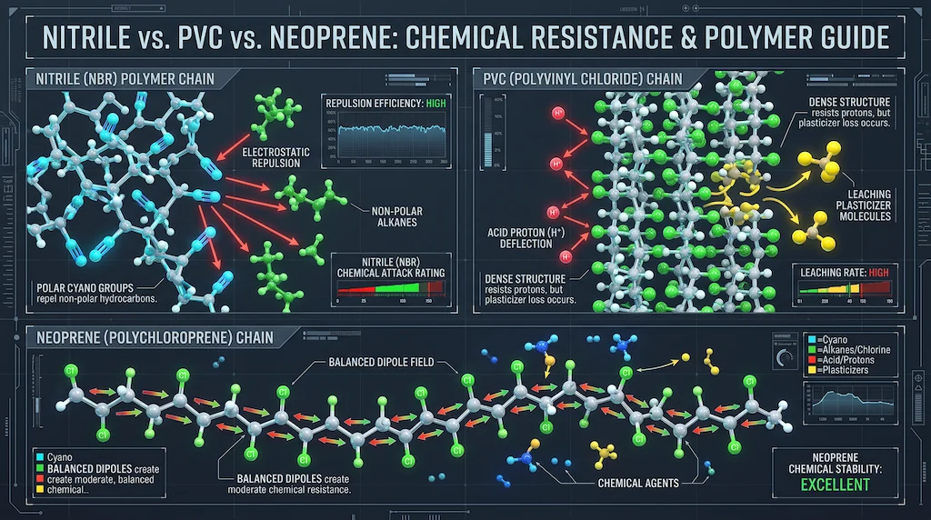 3D molecular diagram illustrating nitrile vs pvc chemical resistance and polarity interactions with industrial solvents