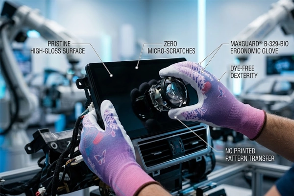 Worker in MAXGUARD B-329-BIO sublimation printed gloves holding a pristine piano-black touchscreen without leaving marks.