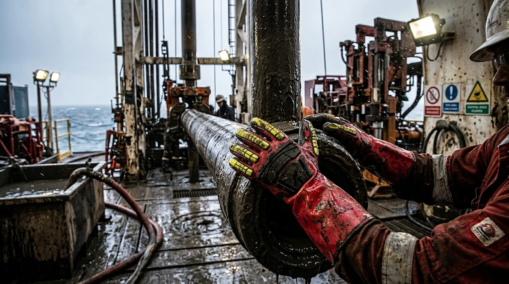 Heavy-duty oilfield mud chemical impact gloves with extended safety cuffs handling oily drill pipe on an offshore drill floor