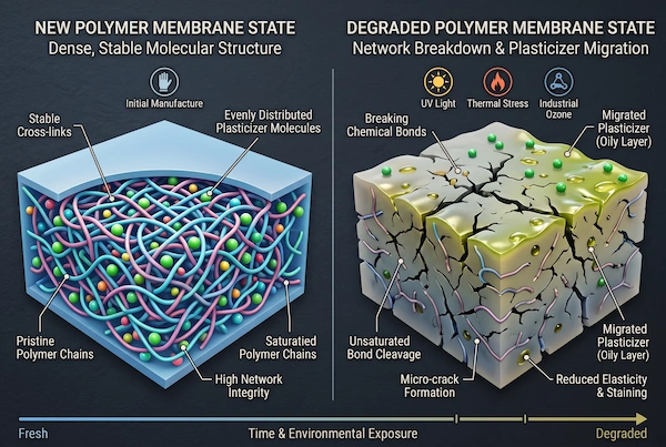 3D scientific diagram comparing fresh dense polymer cross-linking versus aged nitrile ozone cracking and PVC plasticizer migration