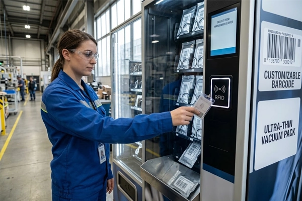 Manufacturing technician scanning an RFID badge at an industrial PPE vending machine to dispense flat-packed PU coated gloves.