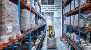 Standardized pallets of bulk PU coated gloves stored in an automated high-bay warehouse ready for container shipping.