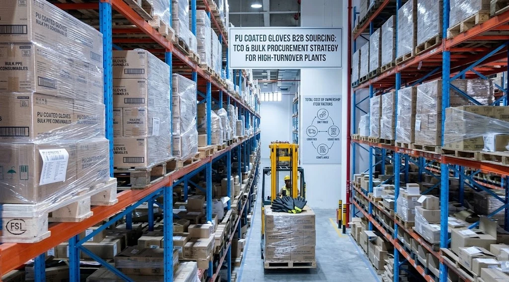 Standardized pallets of bulk PU coated gloves stored in an automated high-bay warehouse ready for container shipping.