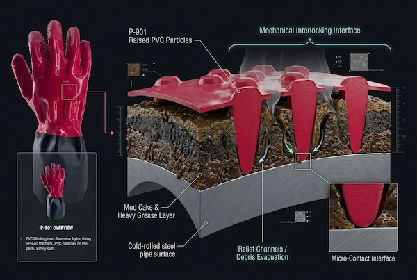 Macro cross-section of heavy PVC particles piercing thick mud cake to achieve mechanical interlocking on steel pipe