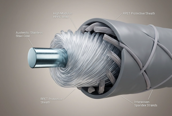 3D cross-section diagram of 13-gauge quad-fiber yarn showing stainless steel core, HPPE, and RPET sheath