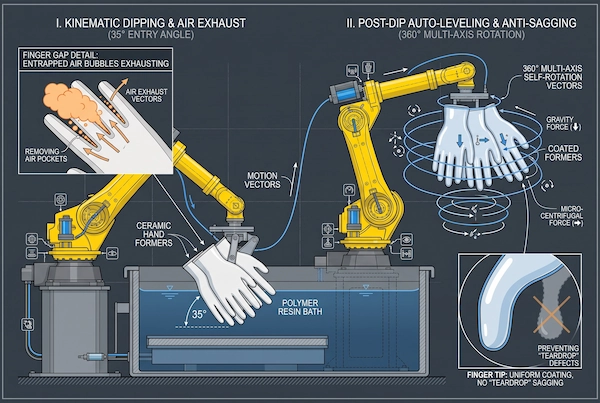 Kinematic trajectory diagram of robotic hand former entering dipping tank at an angle to eliminate finger-crotch air pockets