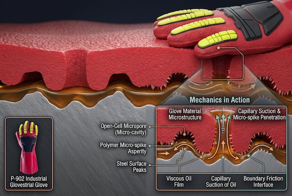 3D microstructural cross-section of sandy finish micropores drawing oily fluid via capillary siphoning to establish boundary friction