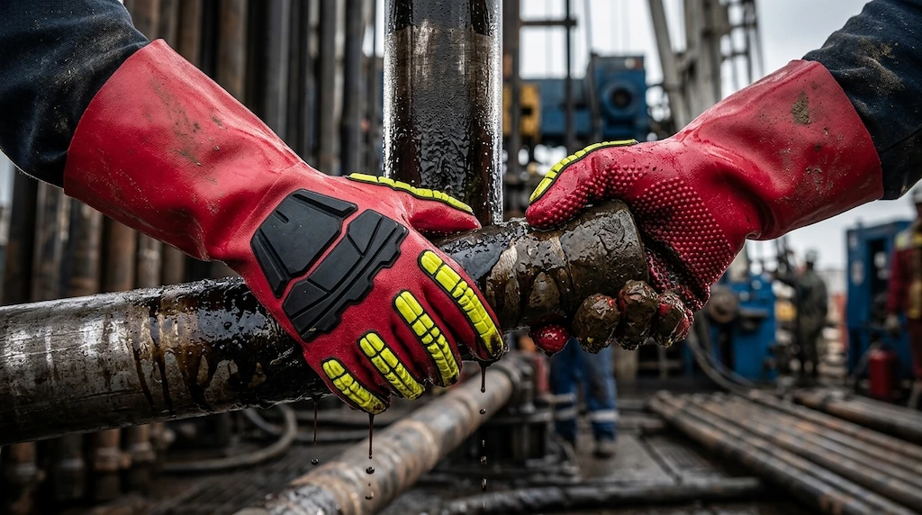 sandy finish vs pvc dot grip gloves gripping heavy oiled steel pipe in refinery