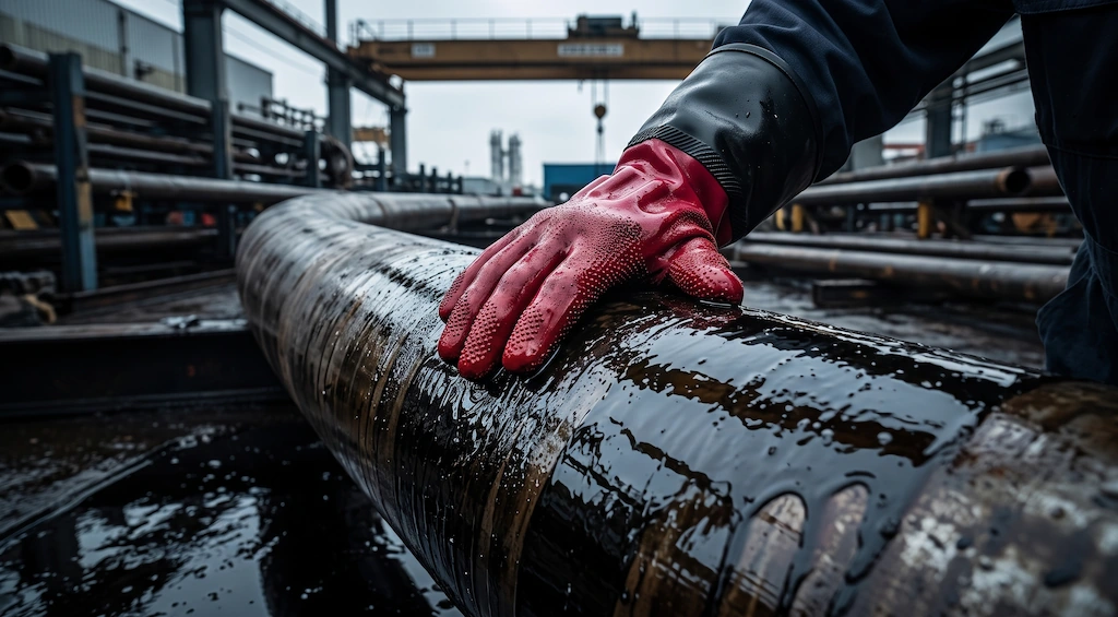 Heavy-duty chemical gloves comparing sandy finish vs smooth nitrile grip handling oily steel pipe in an industrial pipe yard