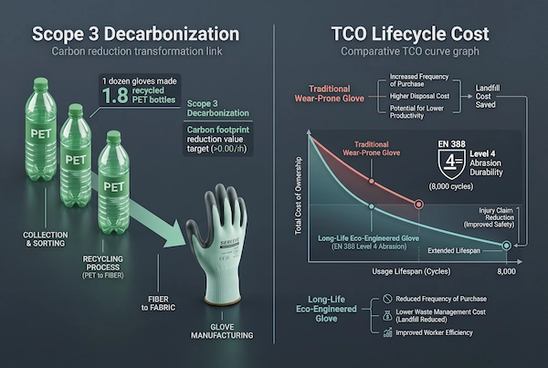 Infographic showing Scope 3 carbon reduction and TCO savings from adopting durable Level 4 abrasion RPET work gloves