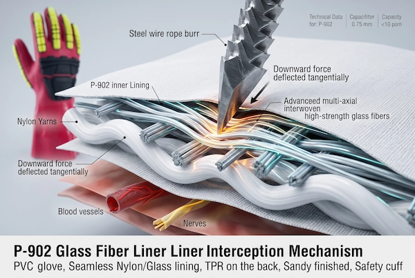 Microscopic 3D rendering of seamless nylon and glass fiber composite liner deflecting sharp metal thread burrs under heavy load