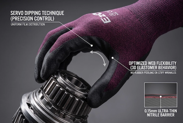 Automated servo dipping process eliminating rubber buildup in finger web areas for 360 degree fluid barrier