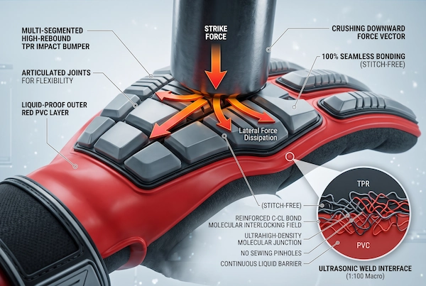 Cross-section diagram of sonic and thermal bonded TPR exoskeleton on heavy-duty chemical glove shell showing liquid-tight barrier