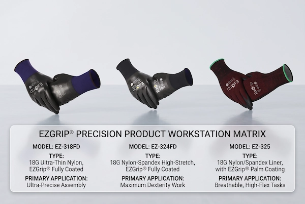 SQG EzGrip series lineup: EZ-318FD fully coated, EZ-324FD high-flex, and EZ-325 palm-coated precision gloves