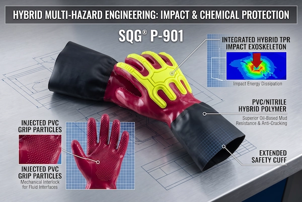 technical product anatomy of SQG P-901 PVC nitrile hybrid chemical glove with TPR impact exoskeleton and safety cuff
