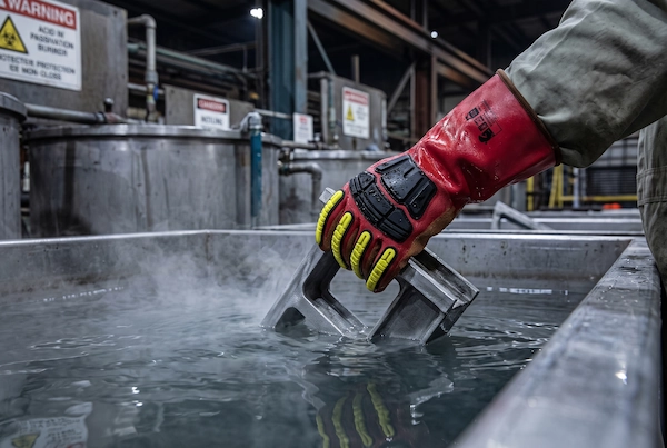 heavy-duty SQG P-902 pure PVC acid resistant gloves with sandy finish immersed in concentrated mineral acid tank