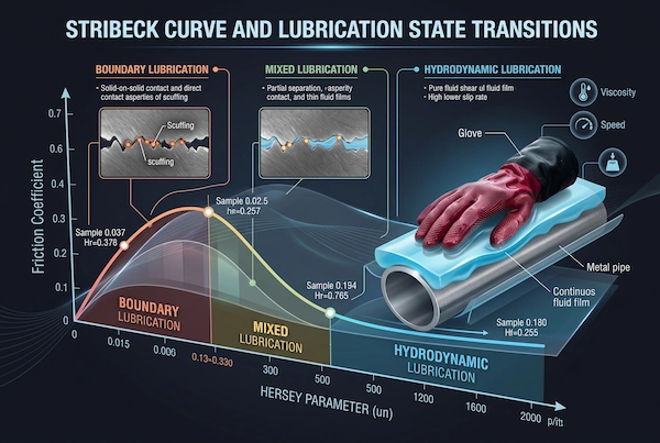 Stribeck curve diagram illustrating boundary lubrication versus hydrodynamic fluid film formation on glove grip interface