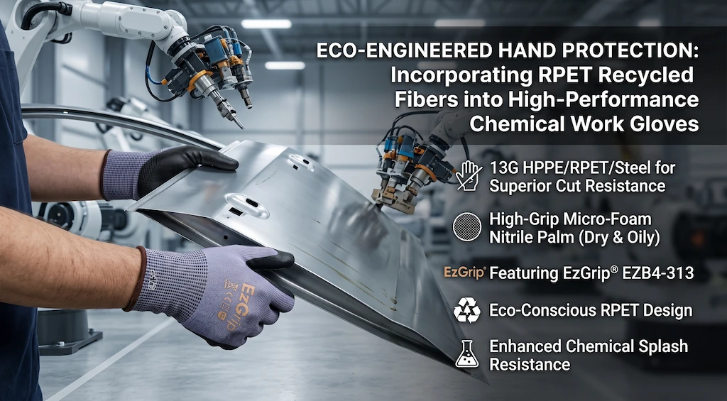 Sustainable recycled rpet safety gloves handling oily sheet metal stamping parts on an eco-friendly assembly line
