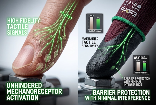 High tactile sensitivity transmission of 18-gauge fully coated gloves detecting micro-surface textures and bolt threads