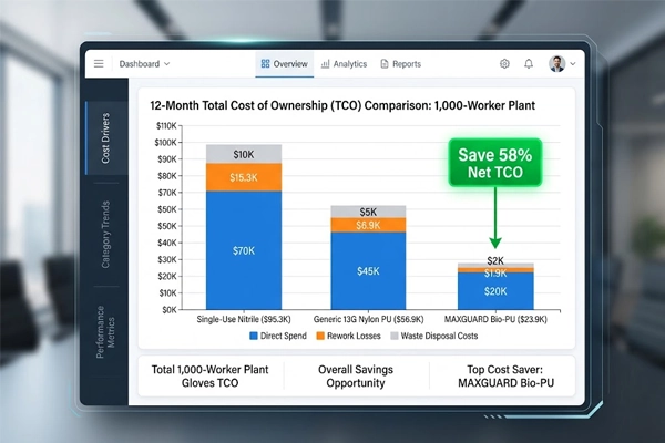 Financial comparison chart illustrating a 58 percent TCO reduction between disposable nitrile and durable bio-based PU gloves.