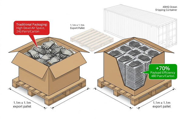 Technical comparison showing high-density vacuum compression packaging reducing shipping volume by over 40 percent.