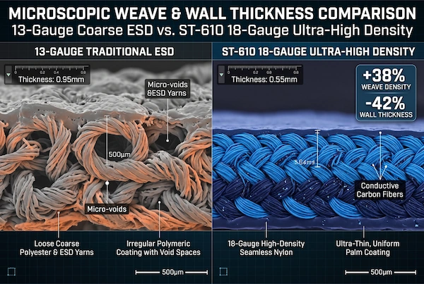 Scanning electron microscope view comparing 13-gauge coarse knit loops with 18-gauge ultra-dense continuous nylon and carbon fiber weave