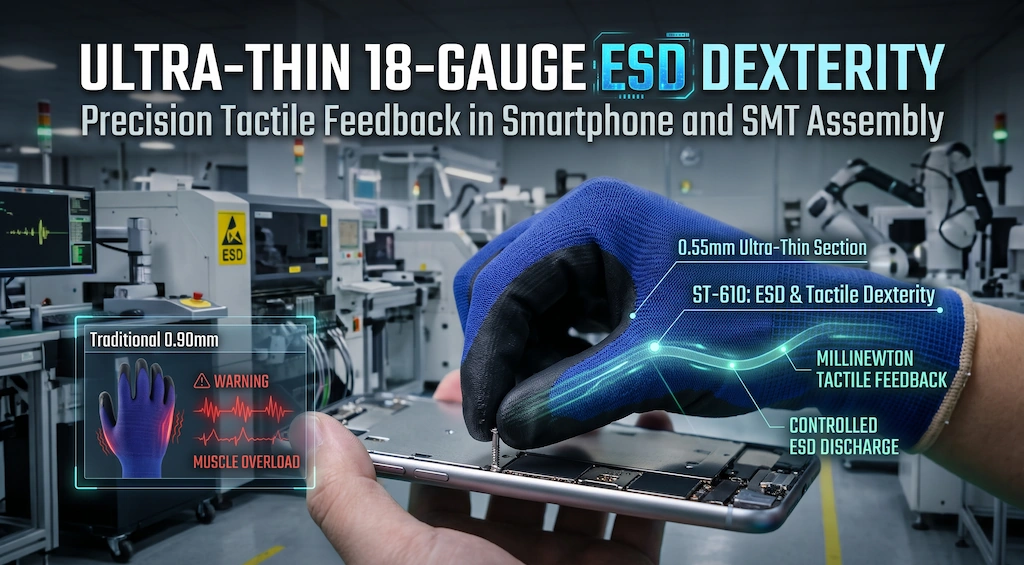 Assembly technician wearing 18-gauge ST-610 ESD glove delicately installing an M1.0 screw in a smartphone chassis on an SMT production line