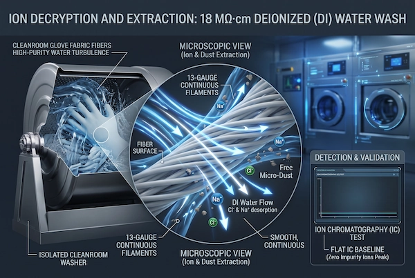 18-megohm ultra-pure deionized water multi-stage cascading rinse removing sodium and chloride ions from cleanroom gloves