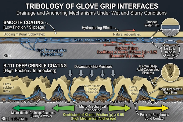 Microscopic tribological cross-section illustrating micro-trench drainage and dynamic friction anchoring of deep crinkle latex on wet concrete