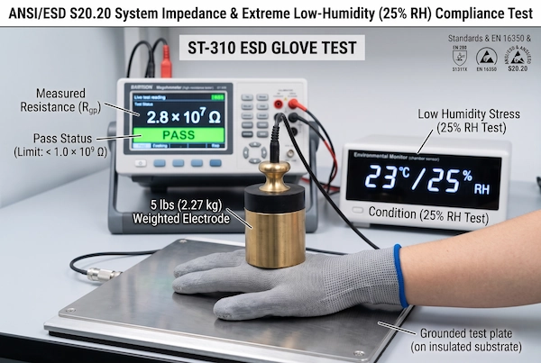 Quality auditor measuring resistance-to-groundable point of ST-310 antistatic glove using a 5-pound weight probe in a 25 percent RH environmental chamber