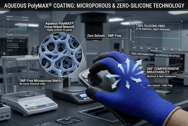 Technical visualization of aqueous PolyMAX microporous cross-linked polymer coating on glove surface showing zero silicone oil migration on optical glass