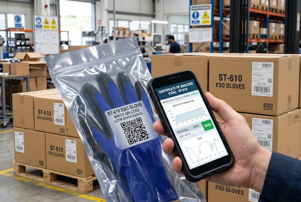 Auditor scanning laser-etched batch QR code on ESD glove packaging with smartphone to access real-time cloud Certificate of Analysis (COA)