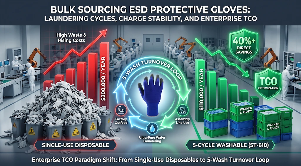 Comprehensive TCO financial model comparing single-use disposable gloves against 5-cycle washable ESD gloves for 1000-worker EMS assembly plant