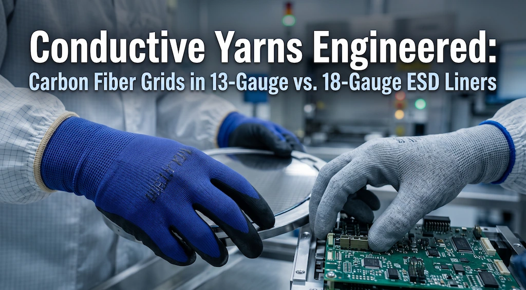 Carbon fiber conductive yarn esd gloves with 13-gauge and 18-gauge knitted liners in semiconductor cleanroom