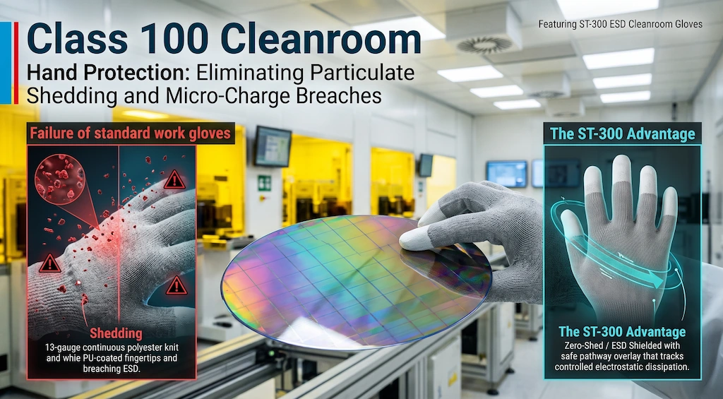 Class 100 cleanroom operator wearing ST-300 finger-coated ESD glove handling 12-inch silicon wafer with zero linting
