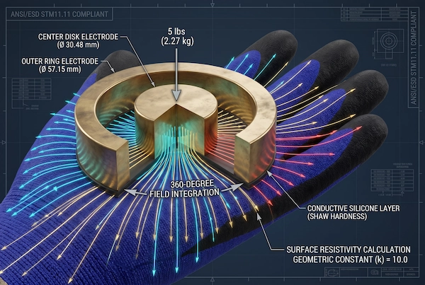 CAD schematic and physical cutaway of 5-lb concentric ring probe measuring surface resistivity with 360-degree isotropic electric field integration