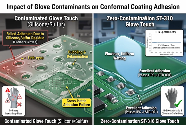 Microscopic comparison of conformal coating adhesion showing severe fish-eye defects from silicone contamination versus flawless bonding with silicone-free ST-310 gloves