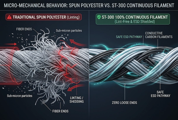 Microscopic comparison between lint-generating short staple fibers and endless continuous filament cleanroom yarn