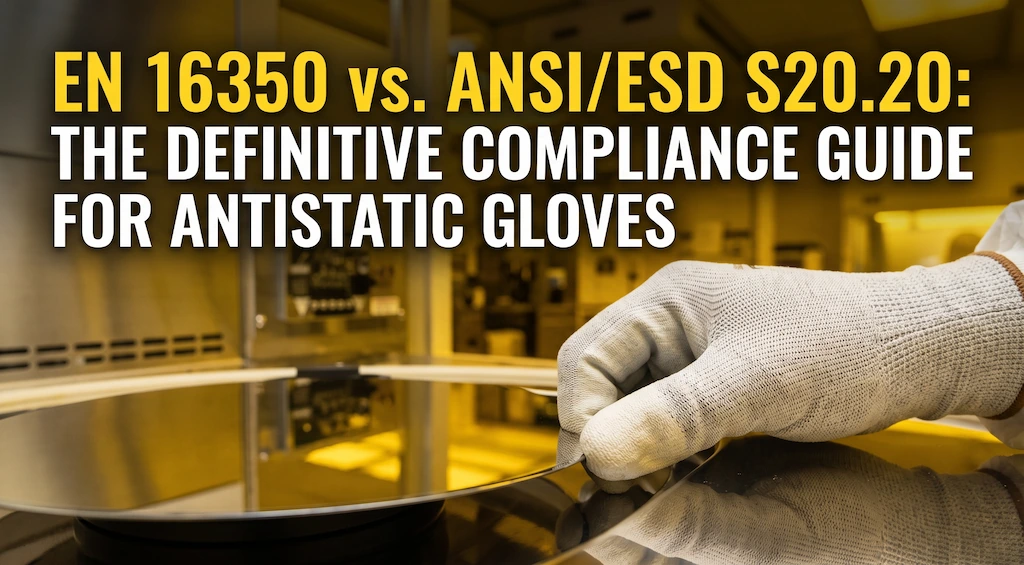 Cleanroom technician handling silicon wafer wearing EN 16350 compliant antistatic ESD gloves