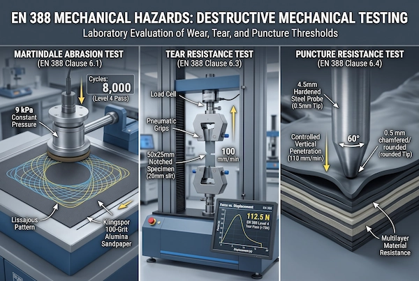 Standardized laboratory metrology setups for EN 388:2016 showing Martindale abrasion, crosshead tensile tear testing exceeding 75N, and 4.5mm blunt probe puncture test