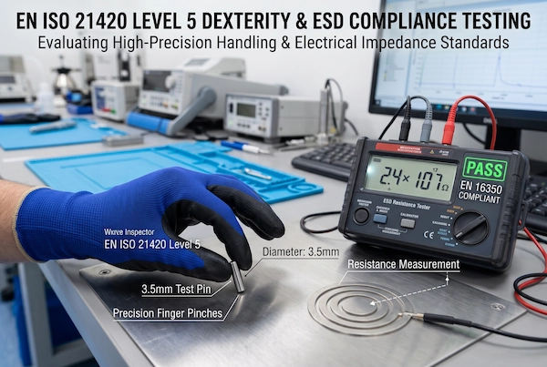 Quality control laboratory technician performing EN ISO 21420 Level 5 dexterity test by precisely picking up a 3.5mm steel pin wearing ST-610 glove