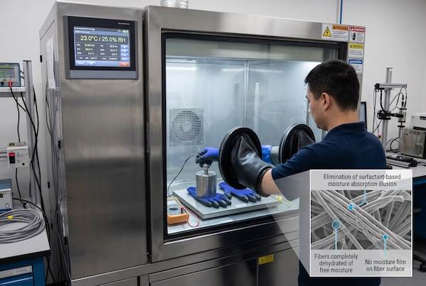 Quality technician conducting in-situ surface resistance measurement inside a sealed 25 percent RH environmental test chamber via glove ports